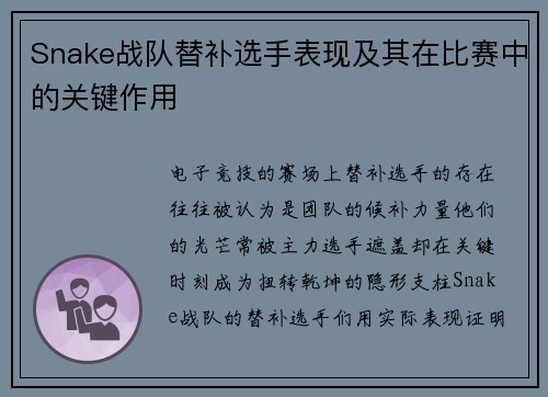 Snake战队替补选手表现及其在比赛中的关键作用